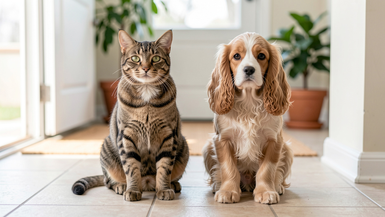 Chat tigré et jeune chien côte à côte dans une entrée de maison lumineuse