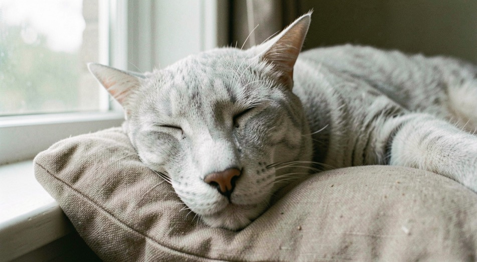 Chat senior au museau argenté reposant sur un coussin près d'une fenêtre douce