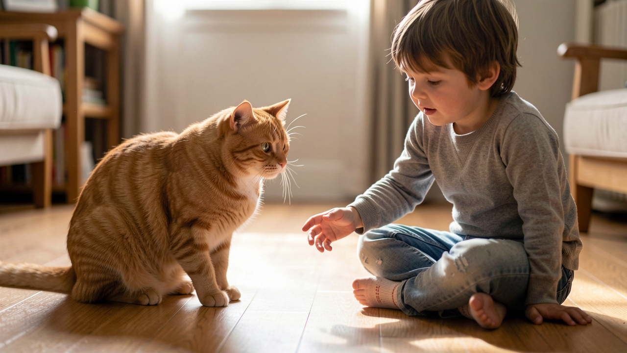 Enfant assis par terre tendant la main vers un chat roux qui s'approche calmement