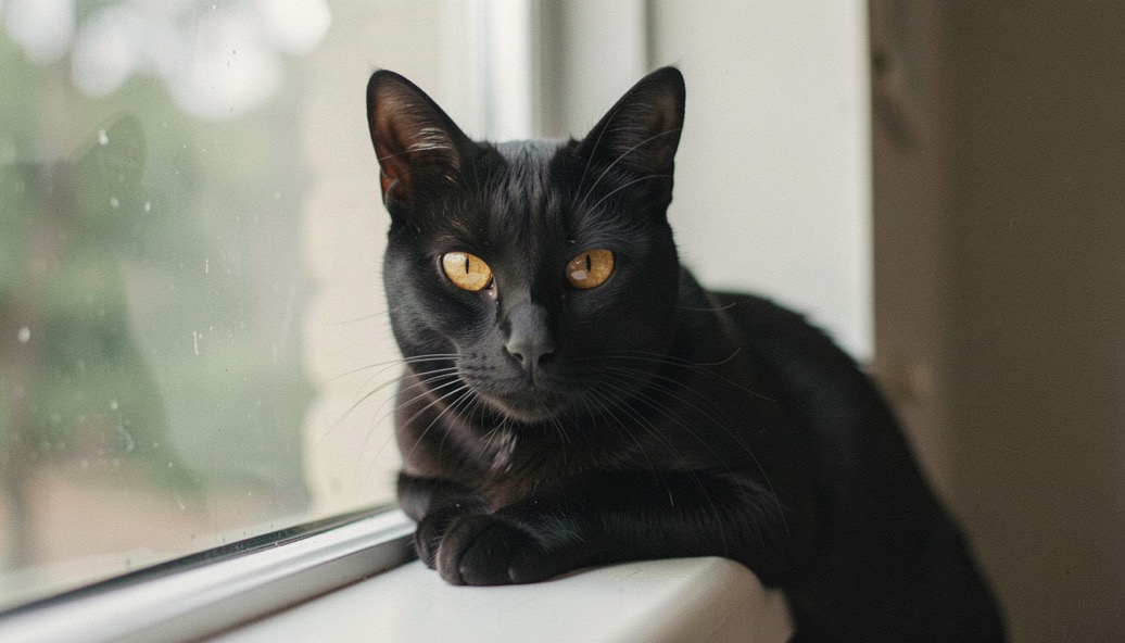 Chat noir aux yeux ambrés posé près d'une fenêtre avec une lumière douce et naturelle