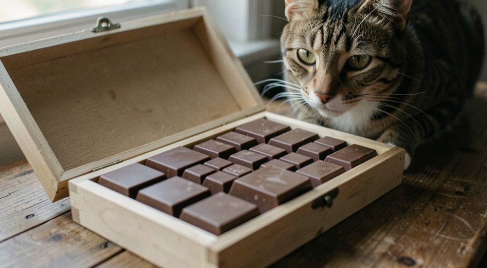 Carrés de chocolat rangés dans une boîte fermée hors de portée d'un chat curieux