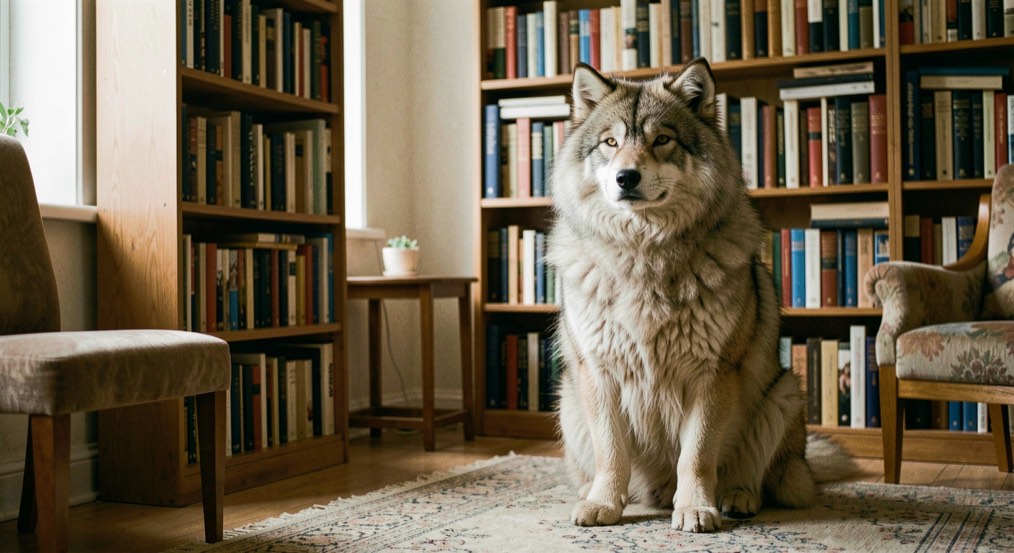 Chat sibérien au pelage dense assis face à une bibliothèque dans un intérieur paisible