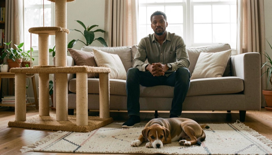 Homme assis sur un canapé clair à côté d'un arbre à chat en sisal, un chiot beagle allongé sur un tapis au premier plan d'un salon lumineux