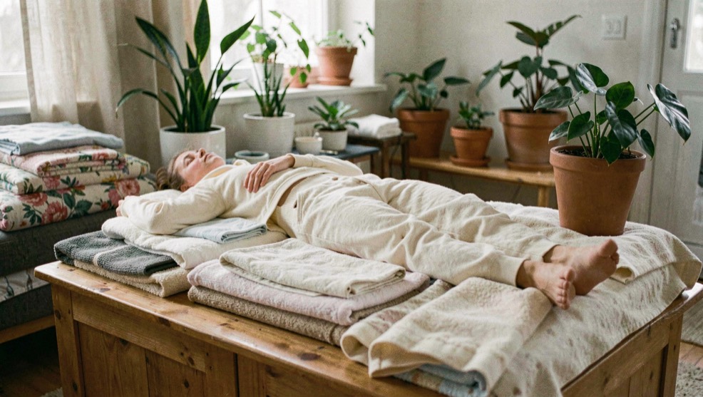 Chat crème allongé sur un meuble bas entouré de textiles lavables et de plantes sécurisées