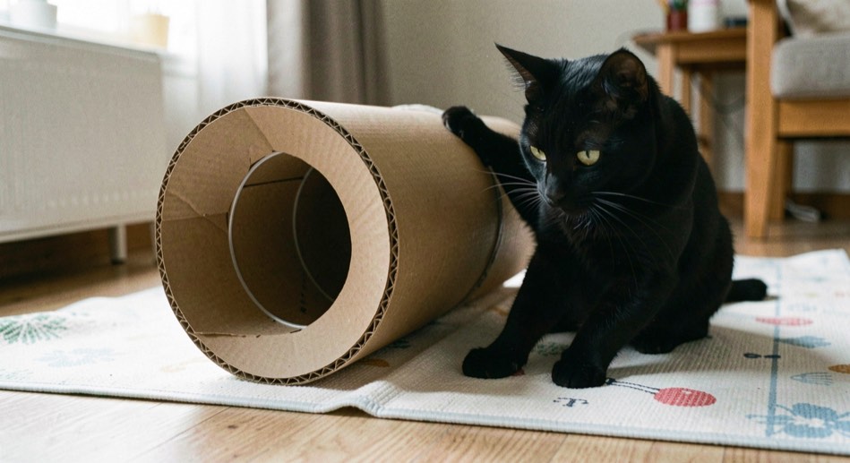 Chat noir jouant avec un tunnel en carton renforcé posé sur un tapis lavable