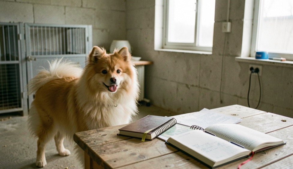 Chien de type spitz debout sur une table en bois à côté de registres ouverts dans une pièce d'élevage lumineuse