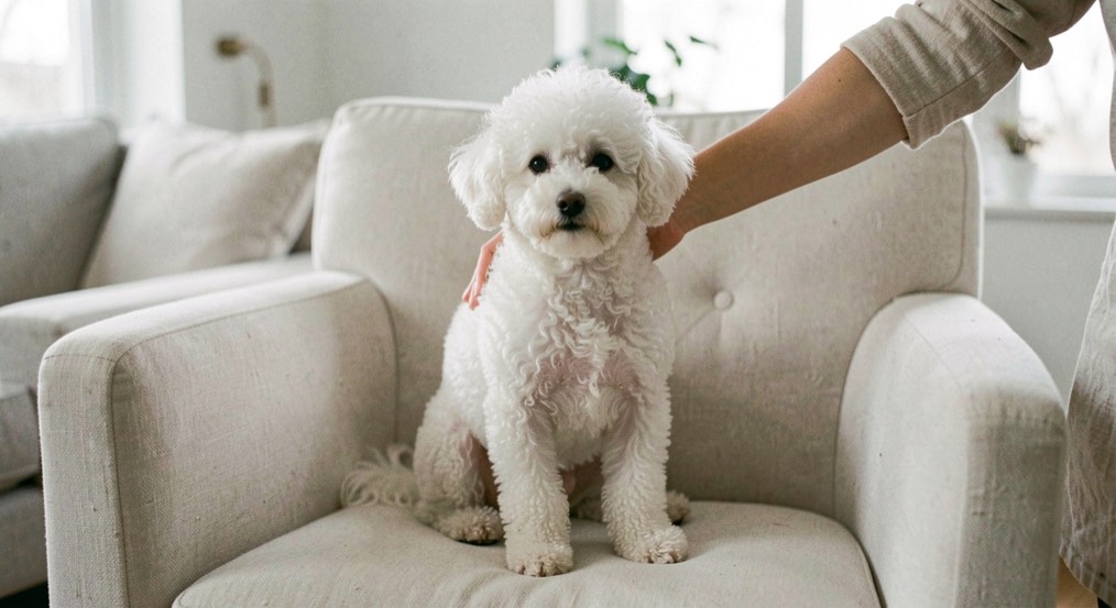 Petit chien bichon au pelage bouclé blanc assis sur un fauteuil clair dans un salon épuré, une personne le caressant