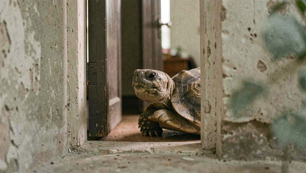 Chat écaille de tortue qui vocalise doucement près d'une porte intérieure entrouverte