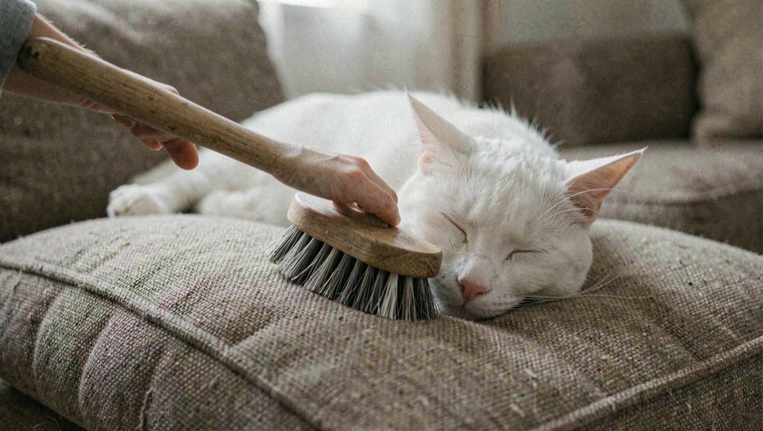 Main passant une brosse textile sur un coussin où un chat blanc vient de dormir