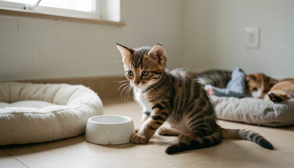 Jeune chaton tigré près d'une petite gamelle et d'un couchage dans une pièce sécurisée