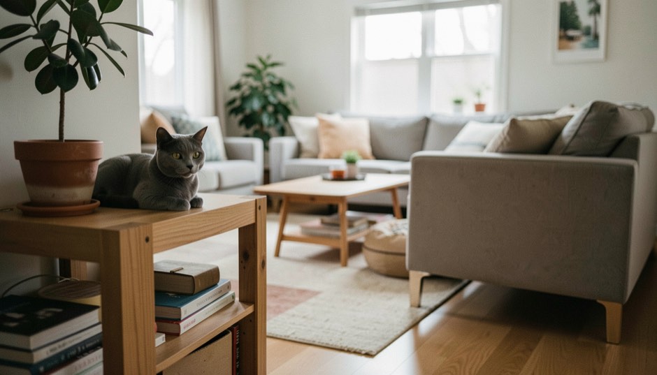 Chat gris observant une pièce depuis une étagère stable, image éditoriale locale