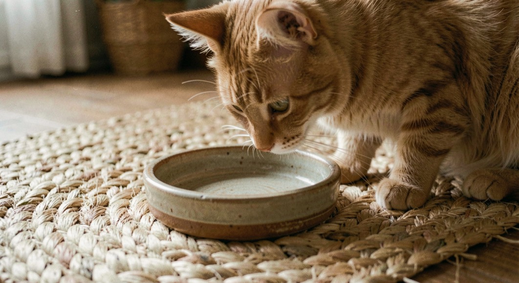 Chat roux observant une gamelle en céramique sur un tapis en fibres naturelles