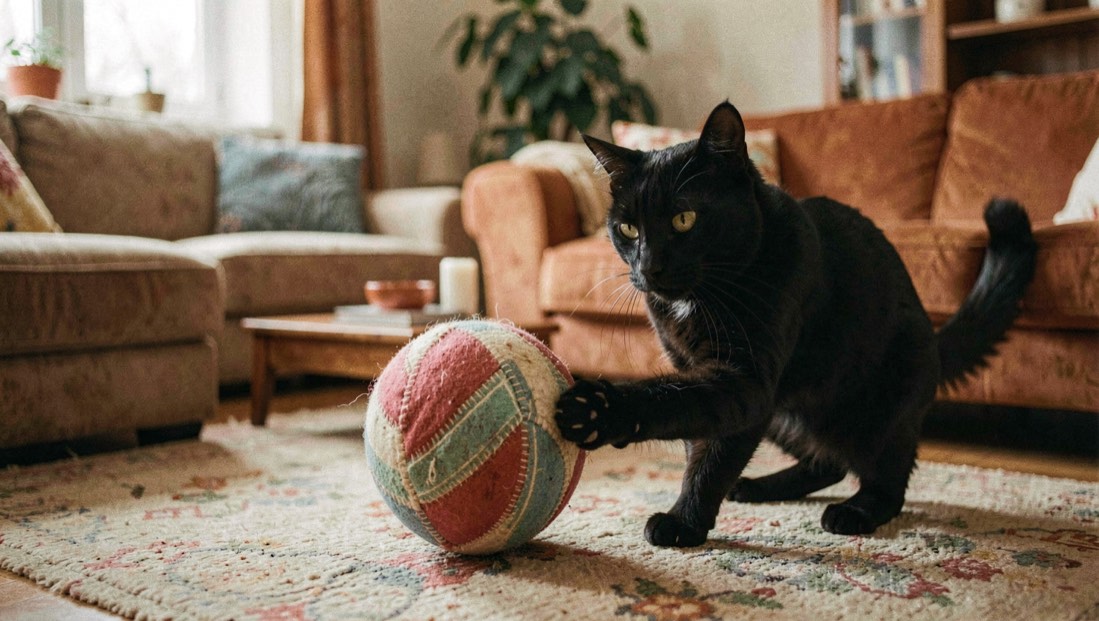 Chat noir et blanc qui joue avec une balle en tissu dans un salon aux tons chauds