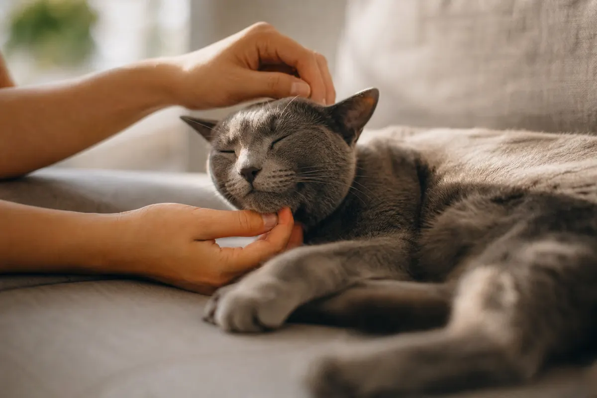 Mains caressant tendrement un chat gris apaisé sur un canapé en lin, lumière dorée