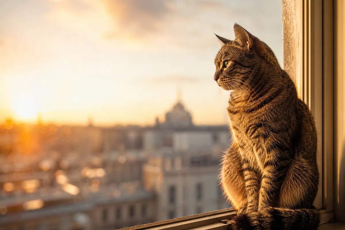 Chat tigré assis sur un rebord de fenêtre à l'heure dorée, lumière ambrée, ambiance contemplative