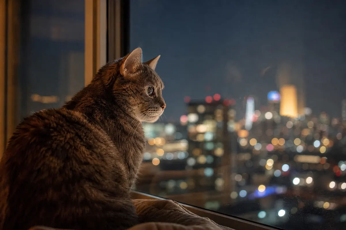 Chat observant les lumières de la ville nocturne à travers une vitrine, reflets ambrés
