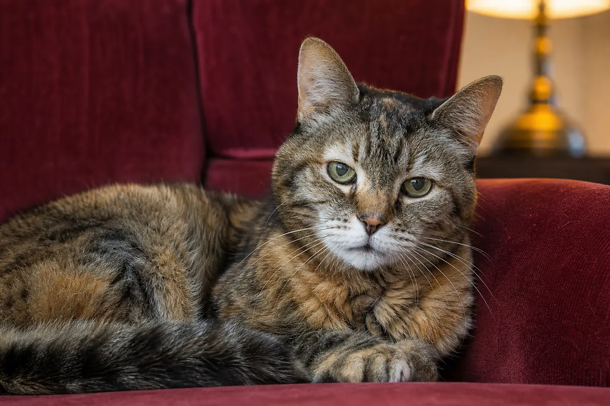Chat âgé dignement installé sur un fauteuil en velours sous une lampe chaude
